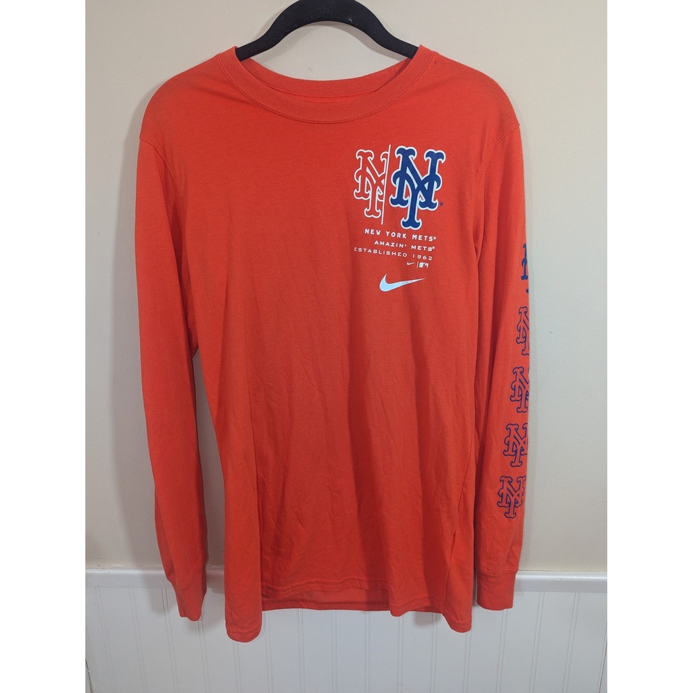 Nike New York Mets Mens Small Orange Long Sleeve T-Shirt MLB Baseball Logo Tee